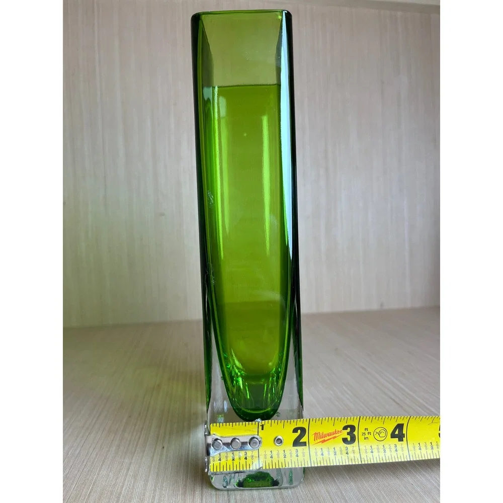 Vintage Emerald Green Glass Rectangular Bud Vase Heavy Clear Base Modernist MCM
